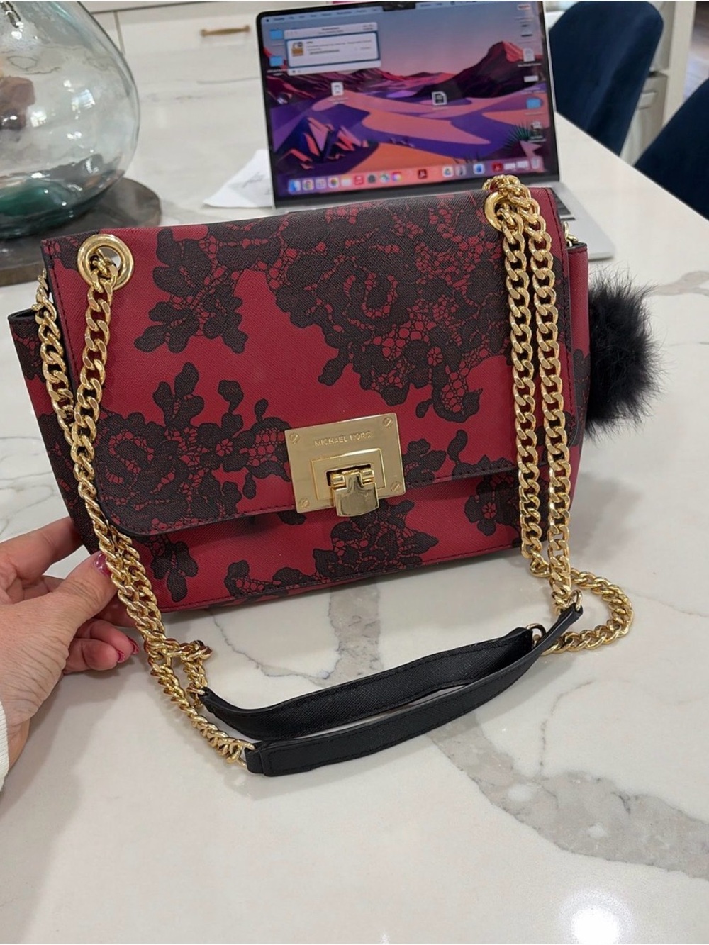 Michael Kors Red and Black Floral Lace-Print Shoulder Bag with Gold Chain